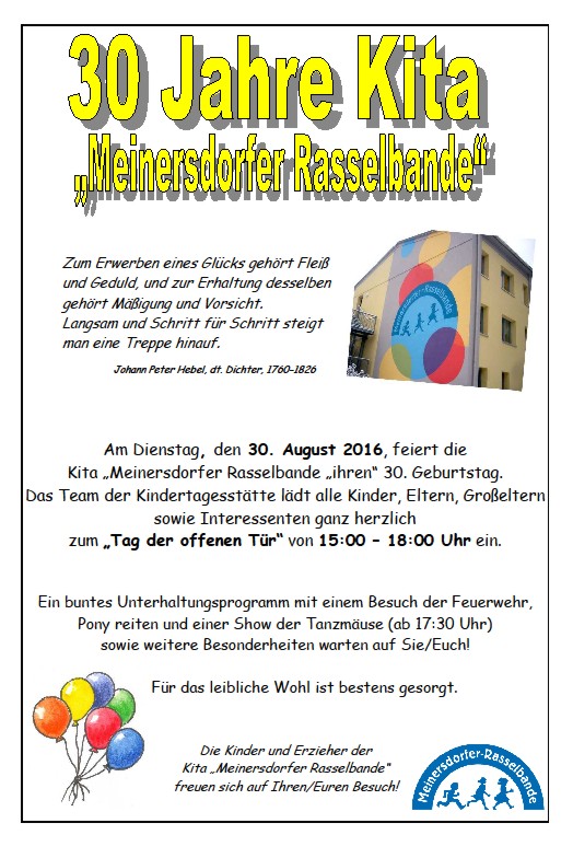Plakat 30 Jahre Kita Meinersdorf, August 2016